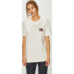 Tommy Jeans - Top. Szare topy damskie Tommy Jeans, z bawełny, z okrągłym kołnierzem, z krótkim rękawem. Za 229.90 zł.