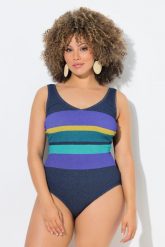 Damskie Strój kąpielowy paski bez miękkich miseczek okrągły dekolt. Niebieskie kostiumy jednoczęściowe damskie Ulla Popken, plus size, bez wzorów, z bawełny, sportowe, plus size, do pływania. Za 191.99 zł.