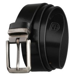 Elegancki pasek męski ze skóry naturalnej w czarnym kolorze ze srebrną, klasyczną klamrą - Peterson. Czarne paski damskie Peterson, bez wzorów, ze skóry, eleganckie. Za 49.99 zł.