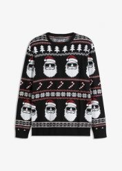 Sweter w norweski wzór, z bawełny z recyklingu. Czarne swetry przez głowę męskie bonprix, m, z aplikacjami, z bawełny, bez kołnierzyka. Za 109.99 zł.