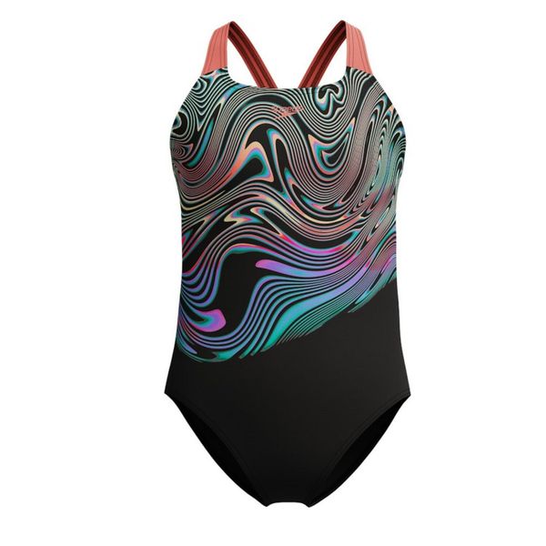 Strój kąpielowy dziewczęcy Speedo Pt Plmt Pwrbck. Czarne stroje kąpielowe dla dziewczynek Speedo, bez wzorów, z materiału. Za 79.99 zł.