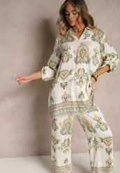 Zielony Komplet z Wiskozą Szerokie Spodnie i Bluzka w Stylu Boho Rinadora. Zielone bluzki damskie Renee, m, bez wzorów, z wiskozy, boho, bez kołnierzyka, bez ramiączek. Za 89.99 zł.