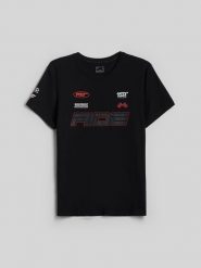 4F T-shirt slim z nadrukiem męski - czarny M. Czarne t-shirty męskie 4f, m, bez wzorów, z bawełny, klasyczne, bez kołnierzyka. Za 79.99 zł.