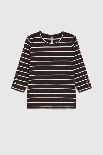 Bluzka w paski brązowa. Brązowe bluzki damskie MOODO, s, bez wzorów, z bawełny, bez kołnierzyka, bez ramiączek. Za 59.99 zł.