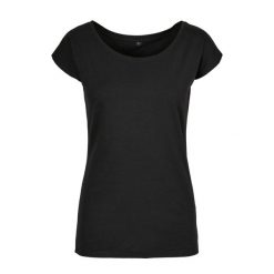 Koszulka Damska Z Szerokim Dekoltem. Czarne koszulki sportowe damskie BUILD YOUR BRAND, l, bez wzorów, bez kołnierzyka, bez ramiączek, trekkingowe. Za 48.99 zł.