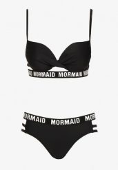 Czarne Bikini z Supełkiem na Biustonoszu z Ozdobnymi Paseczkami i Napisami Bibalia. Czarne bikini damskie Renee, na lato, bez wzorów. Za 49.99 zł.