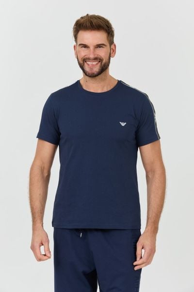 EMPORIO ARMANI Granatowy męski t-shirt bande logo, Rozmiar M. Niebieskie t-shirty męskie Emporio Armani, l, bez wzorów, bez kołnierzyka. W wyprzedaży za 199.99 zł.