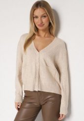 Beżowy Rozpinany Kardigan z Dodatkiem Kaszmiru Vetirira. Brązowe kardigany damskie Born2be, bez wzorów, z jeansu, klasyczne, bez kołnierzyka, bez ramiączek, bez kaptura. Za 109.99 zł.