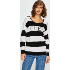 Guess Jeans - Sweter Guia. Czarne swetry damskie Guess Jeans, s, z aplikacjami, z dzianiny, bez kołnierzyka, bez ramiączek, krótkie, bez kaptura. W wyprzedaży za 199.90 zł.