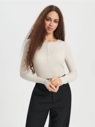 Bluzka z długimi rękawami - kremowy. Białe bluzki damskie Sinsay, l, bez wzorów, bez kołnierzyka, bez ramiączek. Za 29.99 zł.