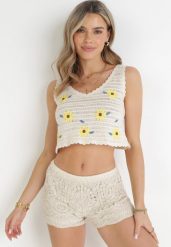Beżowy Bawełniany Top z Haftowanymi Kwiatami Reilyn. Brązowe bluzki damskie Born2be, s, bez wzorów, z bawełny, bez kołnierzyka, bez ramiączek. Za 79.99 zł.