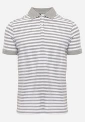 Szara Bawełniana Koszulka Polo w Paski w Stylu Casual Elunilla. Szare koszulki polo męskie Born2be, l, bez wzorów, z bawełny, casualowe, bez ramiączek. Za 79.99 zł.