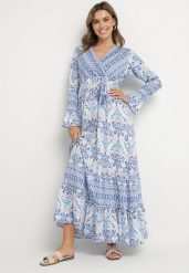 Niebieska Sukienka w Stylu Boho z Kopertowym Dekoltem z Bawełny i Wiskozy Soderia. Niebieskie sukienki damskie Born2be, na co dzień, l, bez wzorów, z bawełny, boho, bez kołnierzyka, bez ramiączek, maxi, kopertowe. Za 119.99 zł.