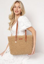 Ciemnobeżowa Torebka Shopper z Plecionki z Rączkami z Ekoskóry Buxara. Brązowe torebki shopper damskie Born2be, bez wzorów, eleganckie, bez dodatków. Za 119.99 zł.