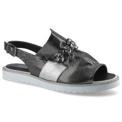 Srebrne Sandały Damskie Lanqier Stylowe Buty. Czarne sandały damskie Lanqier, z aplikacjami, bez obcasa, bez zapięcia. Za 185.00 zł.