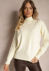 Jasnobeżowy Golf Sweter z Tłoczeniem i Ściągaczami Melovira. Brązowe swetry damskie Renee, na zimę, bez wzorów, bez kołnierzyka, bez ramiączek, bez kaptura. Za 99.99 zł.