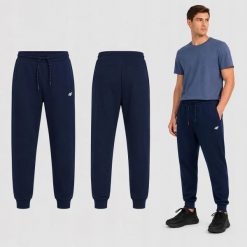 SPODNIE MĘSKIE DRESOWE 4F SPORTOWE DRESY JOGGERY NIEBIESKIE. Niebieskie spodnie sportowe męskie 4f, m, bez wzorów, z bawełny, na fitness i siłownię. Za 159.99 zł.