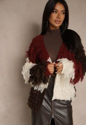 Bordowy Kardigan Bez Zapięć z Domieszką Wełny Zdobiony Imitacją Piór Lanitia. Czerwone kardigany damskie Renee, z aplikacjami, z jeansu. Za 199.99 zł.
