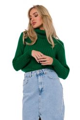 Sweter z Golfem o Prążkowanym Splocie - Zielony. Zielone swetry damskie MOE, l, bez wzorów, z materiału, bez kołnierzyka, bez ramiączek, bez kaptura. Za 220.90 zł.