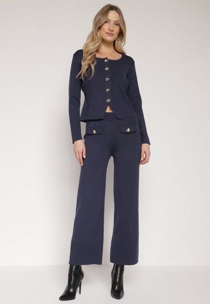 Granatowy Dzianinowy Komplet z Wiskozą w Eleganckim Stylu Kardigan i Spodnie Delisana. Niebieskie kardigany damskie Born2be, m, bez wzorów, z dzianiny, eleganckie. Za 239.99 zł.