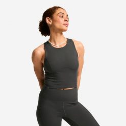 Koszulka fitness damska Domyos bez rękawów. Szare koszulki sportowe damskie DOMYOS, l, bez wzorów, z elastanu, bez kołnierzyka, bez ramiączek, na fitness i siłownię. Za 69.99 zł.