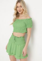 Zielony Komplet Top w Stylu Hiszpanki i Spódnico-Szorty z Gumką Quillatta. Zielone szorty damskie Born2be, l, z aplikacjami. Za 64.99 zł.