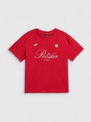 4F Koszulka kibica damska - czerwona L. Czerwone koszulki sportowe damskie 4f, l, bez wzorów, z bawełny, bez kołnierzyka, bez ramiączek. Za 59.99 zł.