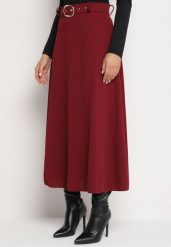 Bordowa Rozkloszowana Spódnica z Wysokim Stanem Ozdobiona Paskiem z Klamrą Lobir. Czerwone spódnice damskie Born2be, uniwersalny, bez wzorów, eleganckie, z podwyższonym stanem, maxi, koszulowe. Za 59.99 zł.