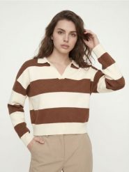 Sweter w poziome pasy, z wiskozą - brązowy. Brązowe swetry damskie Sinsay, l, bez wzorów, z wiskozy, bez kołnierzyka, bez ramiączek, bez kaptura. Za 59.99 zł.