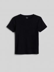 4F T-shirt slim z prążkowanej dzianiny damski - czarny L. Czarne t-shirty damskie 4f, l, bez wzorów, z bawełny, eleganckie, bez kołnierzyka. Za 49.99 zł.