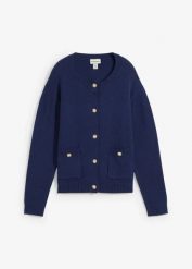Sweter rozpinany z kieszeniami. Niebieskie swetry damskie bonprix, bez wzorów, bez kołnierzyka, bez ramiączek, bez kaptura. Za 77.99 zł.