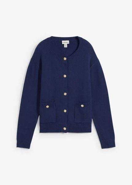 Sweter rozpinany z kieszeniami. Niebieskie kardigany damskie bonprix, bez wzorów. Za 119.99 zł.