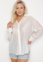 Biała Koszula o Kroju Oversize Dolamana. Białe bluzki damskie Born2be, uniwersalny, bez wzorów, z jeansu, eleganckie, bez kołnierzyka, bez ramiączek. Za 79.99 zł.