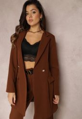 Ciemnobrązowa Marynarka Taliowana Dwurzędowa Swal. Brązowe żakiety damskie Renee, l, bez wzorów, eleganckie. Za 139.99 zł.