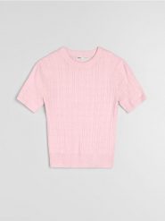 Bluzka swetrowa z prążkowanej dzianiny - różowy. Czerwone bluzki damskie Sinsay, l, bez wzorów, z dzianiny, bez kołnierzyka, bez ramiączek. Za 39.99 zł.