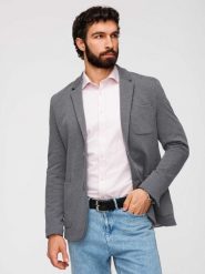 Elegancka dopasowana marynarka męska ze strukturalnej dzianiny – grafitowa V3 - Rozmiar: S. Szare marynarki męskie Ombre Clothing, z aplikacjami, z bawełny, eleganckie. Za 599.99 zł.