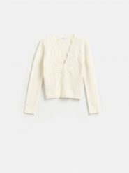 Kardigan z koronką - złamana biel. Kardigany damskie Reserved, l, bez wzorów, z dzianiny. Za 139.99 zł.
