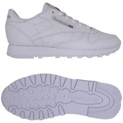 Buty damskie Reebok Classic Leather. Białe obuwie sportowe damskie Reebok, bez wzorów, z materiału, trekkingowe, Reebok Classic. W wyprzedaży za 259.00 zł.