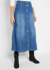 "Spódnica dżinsowa ""komfort-stretch"", dł. midi". Niebieskie spódnice damskie bonprix, bez wzorów, midi. Za 129.99 zł.