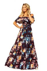 Czarna Kwiecista Maxi Sukienka z Hiszpańskim Dekoltem. Czarne sukienki damskie NUMOCO, s, bez wzorów, z materiału, bez kołnierzyka, bez ramiączek, maxi. Za 419.90 zł.
