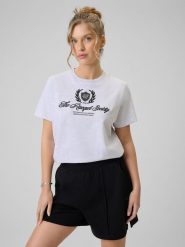 4F T-shirt boxy z nadrukiem damski - szary XS. Szare t-shirty i topy dla dziewczynek 4f, bez wzorów, z bawełny, bez ramiączek. Za 69.99 zł.