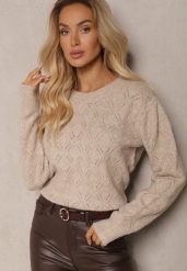 Beżowy Sweter w Klasycznym Stylu z Tłoczonym Wzorem Deriel. Brązowe swetry damskie Renee, bez wzorów, z jeansu, casualowe, bez kołnierzyka, bez ramiączek, długie, bez kaptura. Za 129.99 zł.