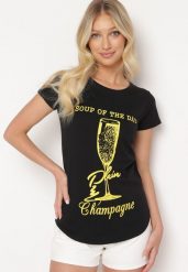 Czarny Klasyczny T-shirt z Bawełny Ozdobiony Nadrukiem Getantia. Czarne bluzki damskie Born2be, l, bez wzorów, z bawełny, klasyczne, bez kołnierzyka, bez ramiączek. Za 34.99 zł.