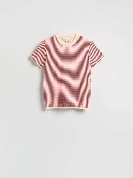 Bawełniany t-shirt w paski - czerwony. Czerwone t-shirty damskie Reserved, l, bez wzorów, z bawełny, bez kołnierzyka. Za 39.99 zł.