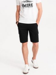 Szorty męskie jednokolorowe z kieszeniami cargo – czarne V4 OM-SRCG-0133 - XXL. Czarne szorty męskie Ombre Clothing, na lato, l, z aplikacjami, z bawełny, wakacyjne. W wyprzedaży za 69.99 zł.