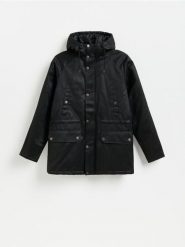 Parka z kapturem - czarny. Czarne parki męskie Reserved, l, bez wzorów, z tkaniny, z kapturem. Za 329.99 zł.