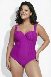 Damski Strój kąpielowy fiszbiny zaszewki podwójne ramiączko. Fioletowe kostiumy jednoczęściowe damskie Ulla Popken, plus size, bez wzorów, z elastanu, plus size, do pływania. Za 279.99 zł.
