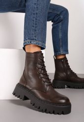 Brązowe Sznurowane Botki na Platformie w Stylu Workerów Sairene. Brązowe botki damskie Renee, z jeansu, eleganckie, bez obcasa, na platformie, bez zapięcia. Za 159.99 zł.