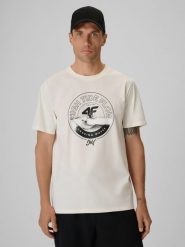 4F T-shirt regular z nadrukiem męski - biały M. Białe t-shirty męskie 4f, m, bez wzorów, z bawełny, klasyczne, bez kołnierzyka. Za 69.99 zł.