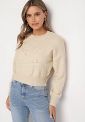 Beżowy Sweter z Wiskozy Ozdobione Tłoczeniem Harini. Brązowe swetry damskie Born2be, bez wzorów, z jeansu, biznesowe, bez kołnierzyka, bez ramiączek, bez kaptura. Za 94.99 zł.